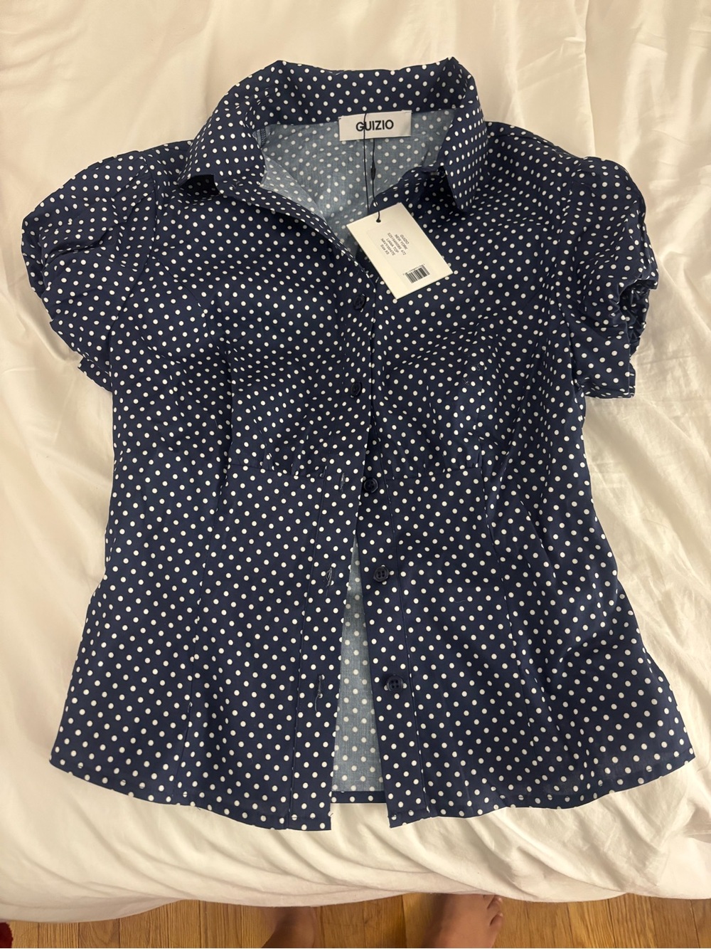 Guizio Navy Polka Dot Short Sleeve Blouse